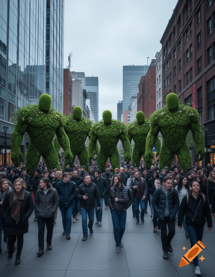 Five large, green, moss-covered, faceless golems walk among a crowd of pedestrians on a photorealistic city street.