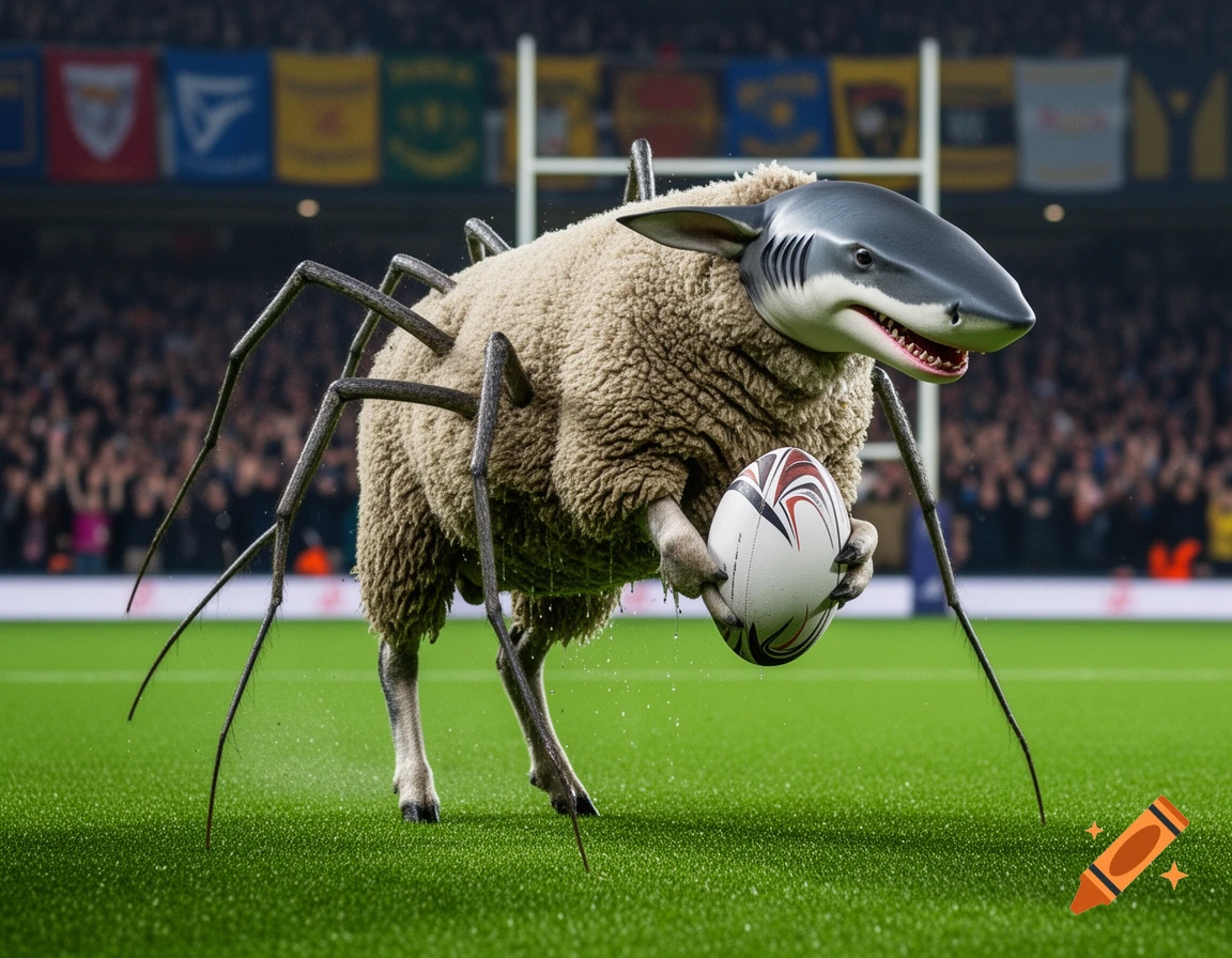 A surreal hybrid creature with a sheep's wool body, shark's head, and spider legs stands on a rugby field, holding a rugby ball.