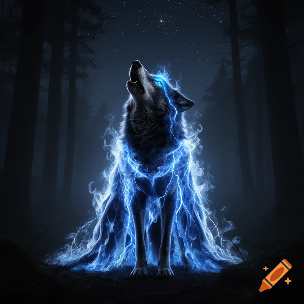 A black wolf howling, engulfed in blue fire and lightning, with glowing blue eyes, in a dark forest under a starry sky.