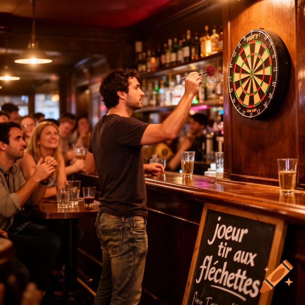 A man throws a dart at a dartboard in a dimly lit bar, while friends watch and drink. A chalkboard sign reads "joueur tir aux fl". Photorealistic style.