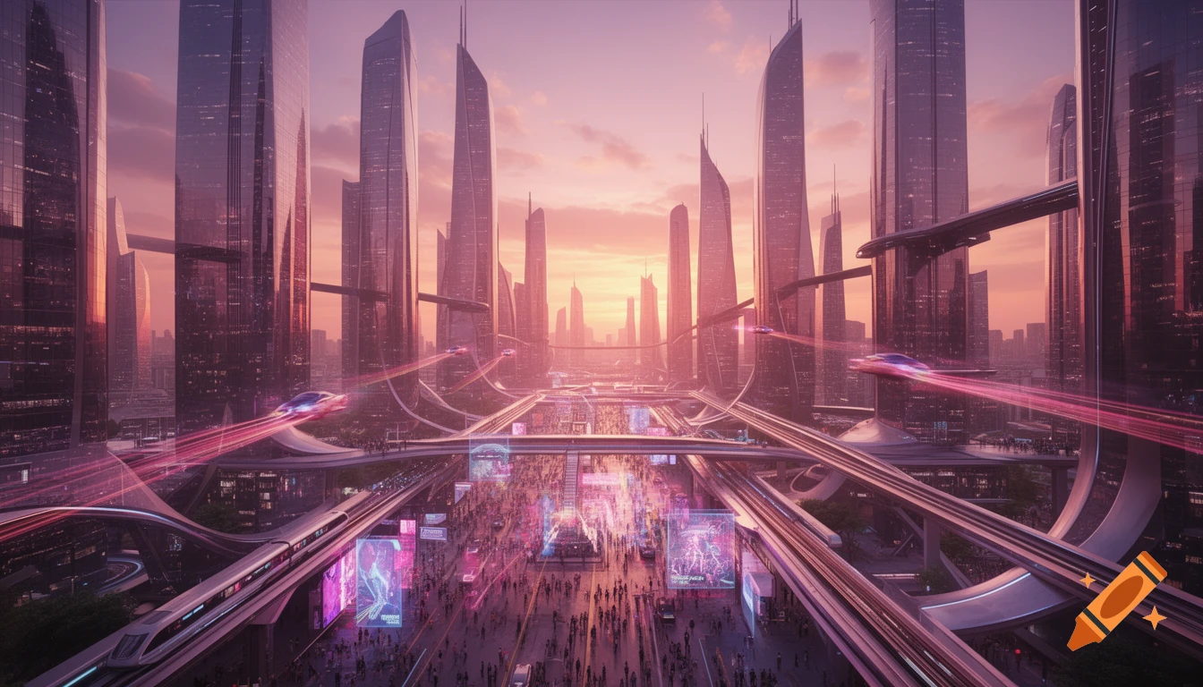 A vibrant futuristic cityscape at sunset with towering skyscrapers ...