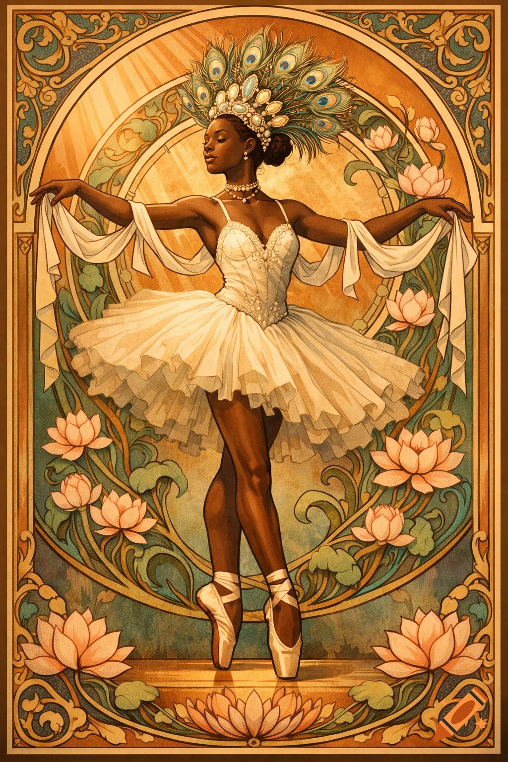Art Nouveau poster of a Black ballet dancer in a white tutu and peacock feather headdress, surrounded by lotus flowers.