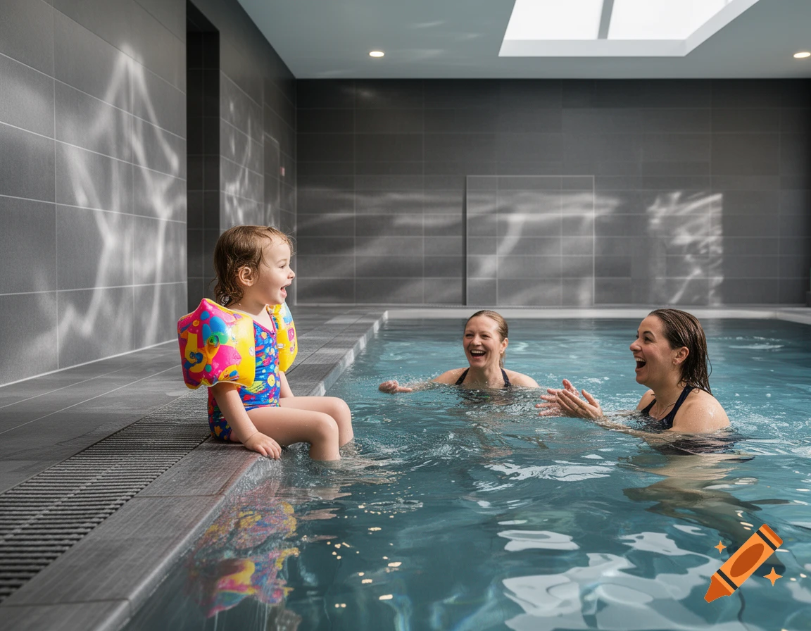 A laughing child with colorful armbands sits on the edge of an indoor pool as two women laugh in the water nearby. Photorealistic.