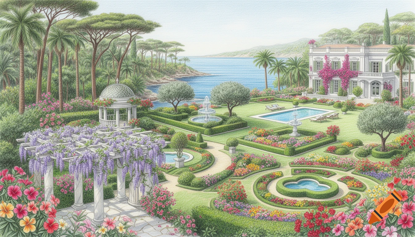 A detailed colored pencil drawing of lush subtropical gardens with a white villa, swimming pool, gazebos, and wisteria overlooking the sea.