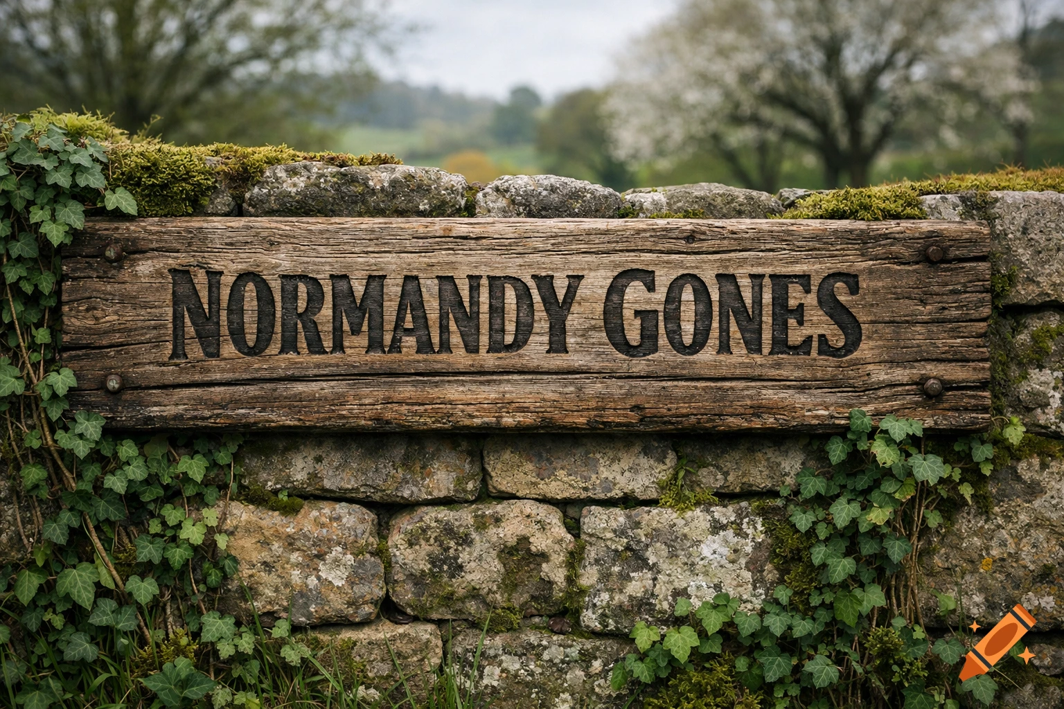 A rustic wooden sign reading 'NORMANDY GONES' embedded in a mossy stone wall with green ivy, blurred trees in background.