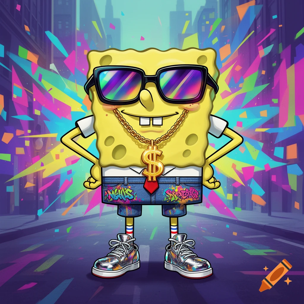 Spongebob Squarepants wearing sunglasses, a gold dollar-sign chain, and graffiti-covered jeans, against a colorful urban background.