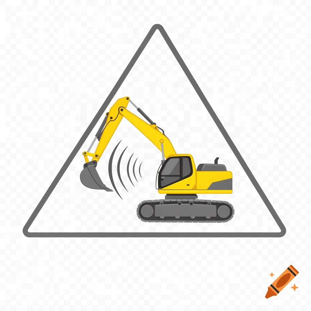 A pictogram of a yellow excavator with vibration waves inside a grey triangle warning sign, on a transparent background.