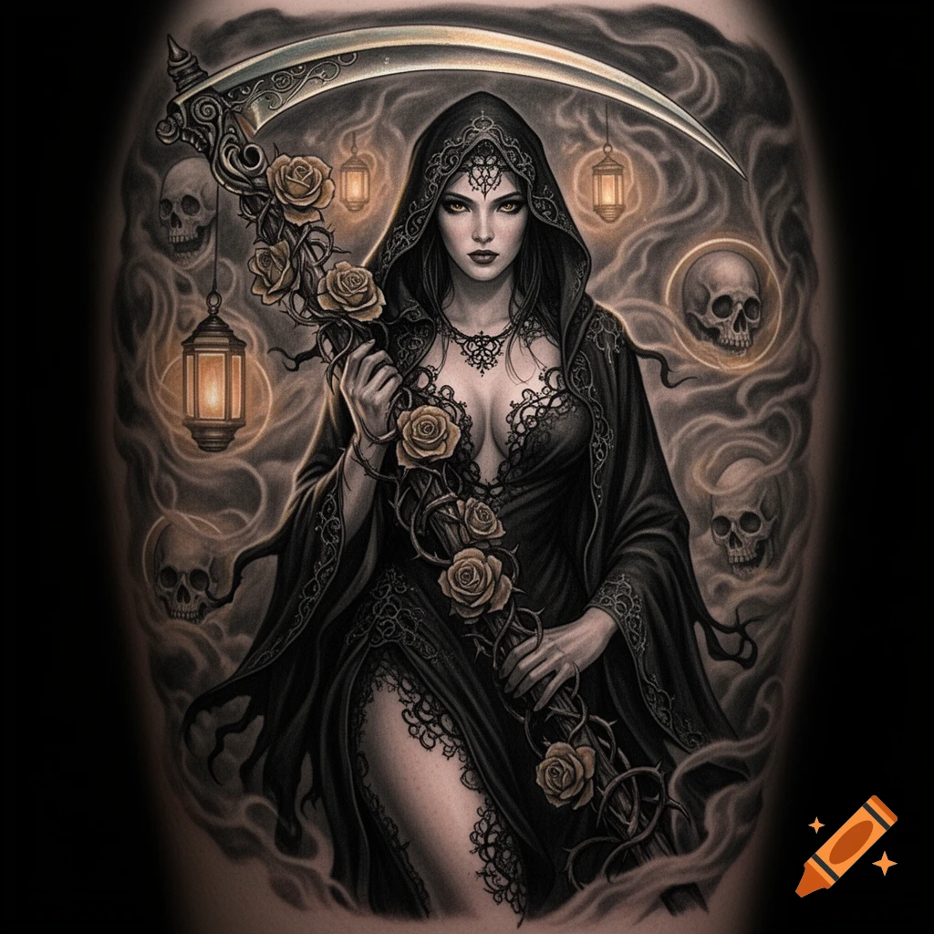 A detailed gothic tattoo design of a female Grim Reaper in a black hooded robe, holding a rose-entwined scythe amidst skulls and glowing lanterns.