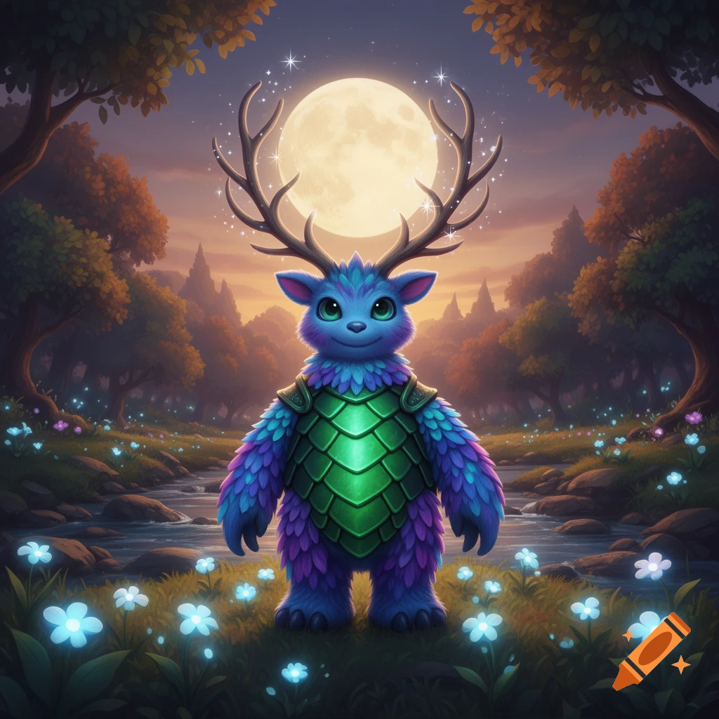 A fluffy blue and purple creature with antlers and green scaled armor stands in a magical forest under a full moon, surrounded by glowing blue flowers.