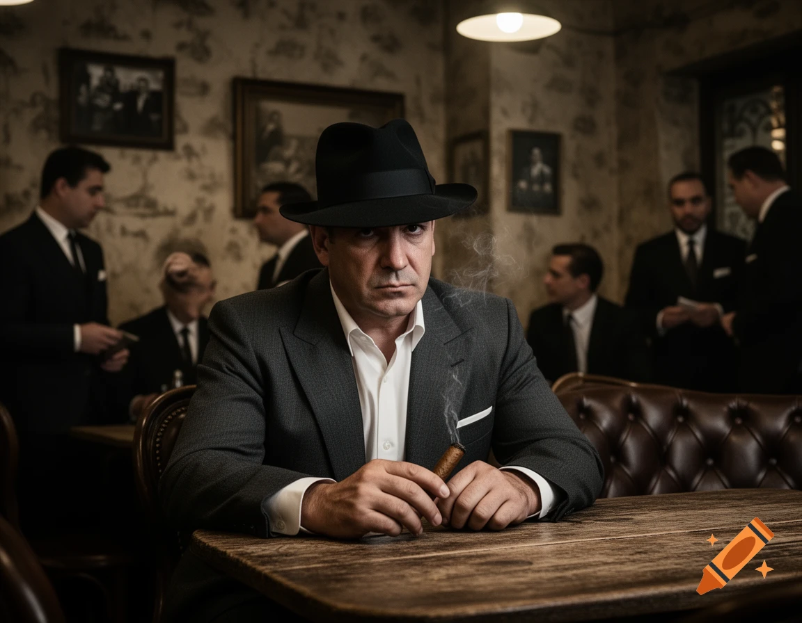 A serious man in a fedora and suit sits at a wooden table, smoking a cigar, with other men in the background in a vintage-style room.