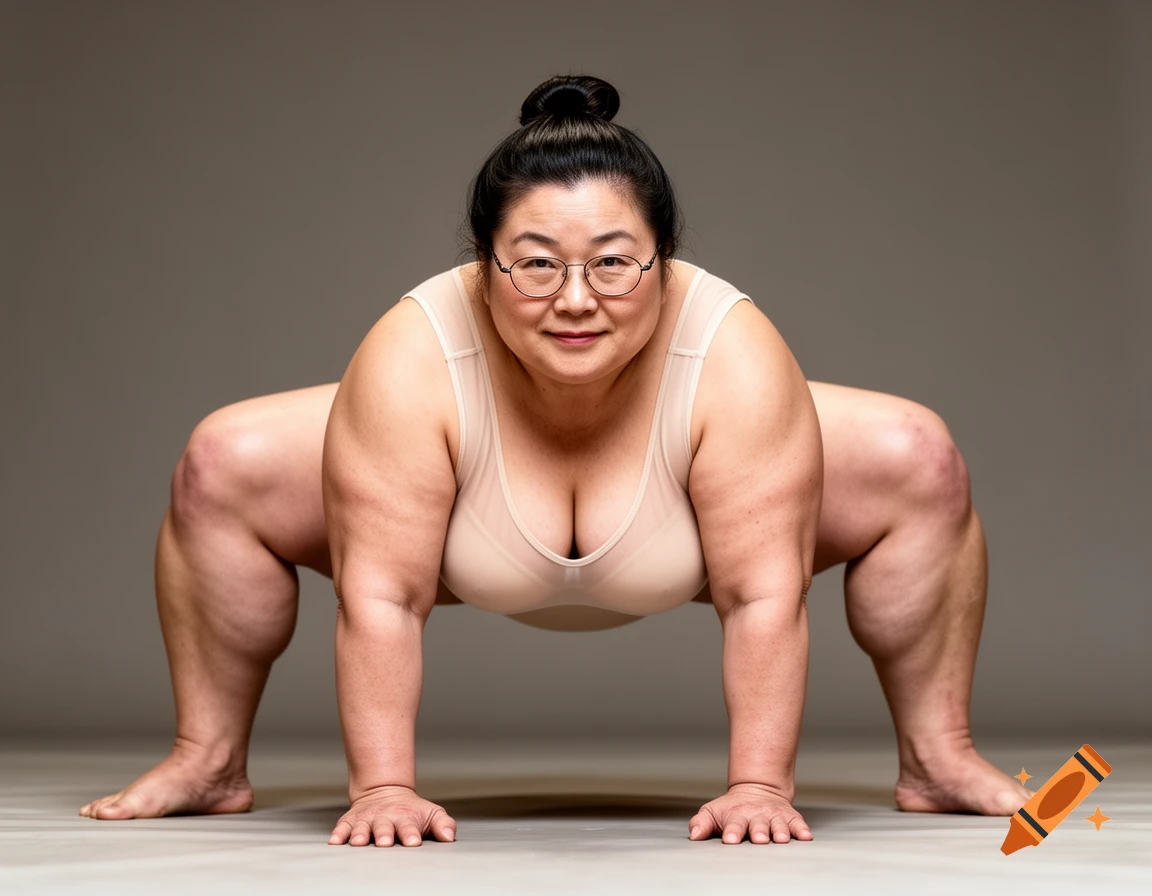 A smiling East Asian woman with a sumo wrestler physique, wearing a light leotard, strikes a low, wide stance with hands on the floor.