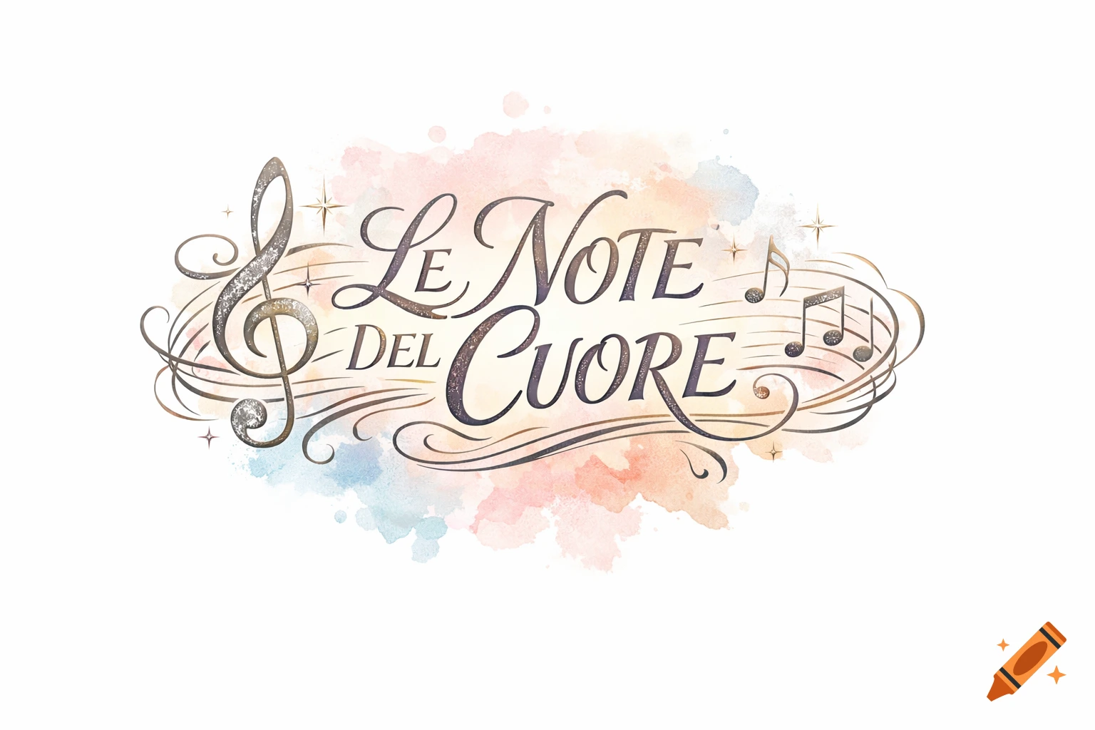 Decorative logo with "LE NOTE DEL CUORE" in script, a treble clef, musical notes, and watercolor splashes.