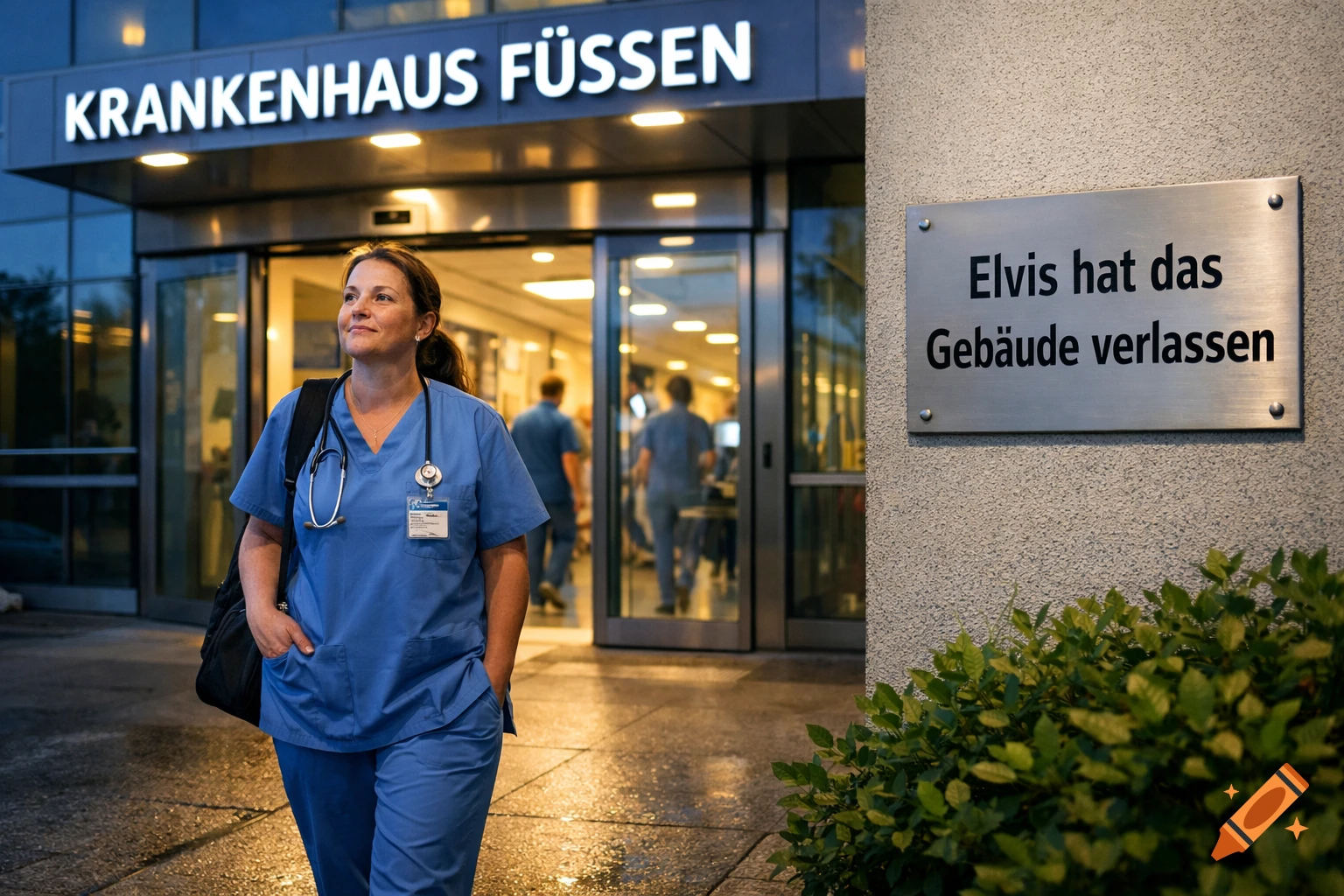 A female healthcare worker in blue scrubs walks out of a hospital entrance at dusk, with signs in German.