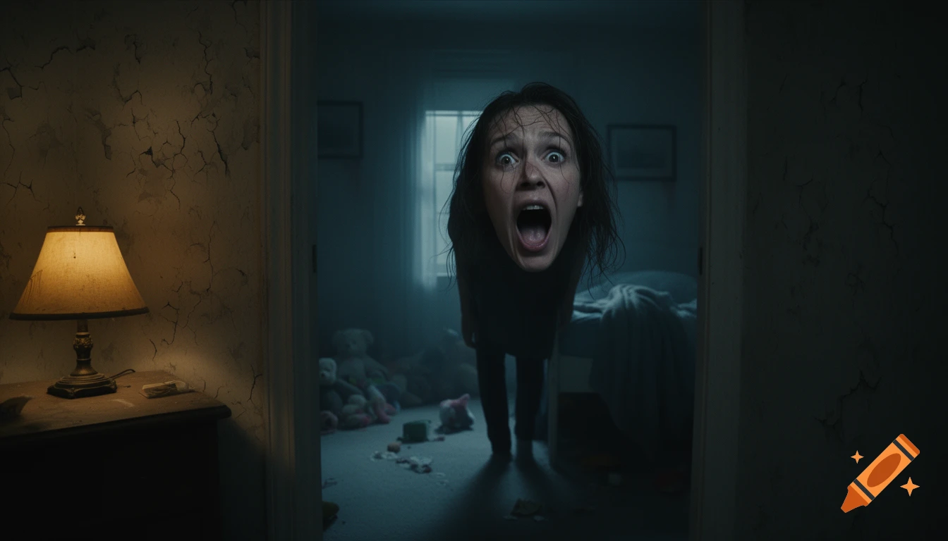 A woman with wide eyes and an open mouth screams from a dark room doorway, as seen from another dimly lit room with a lamp.