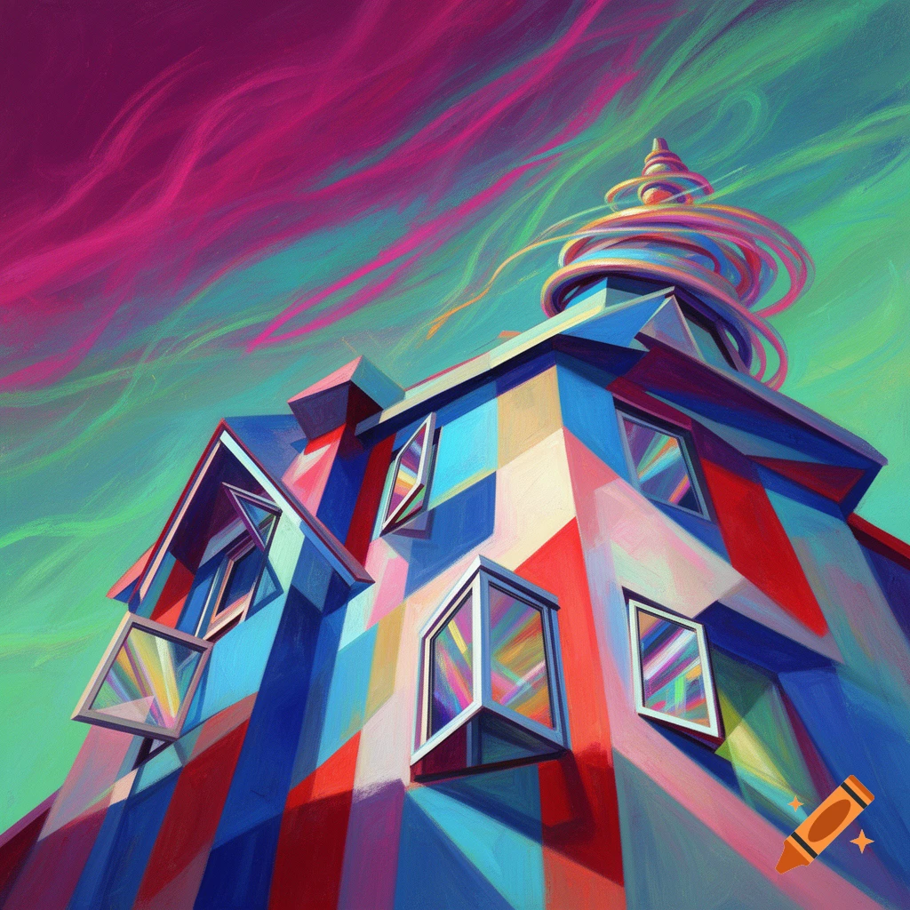 An abstract house with geometric red, blue, and white patterns under a swirling magenta and green sky.
