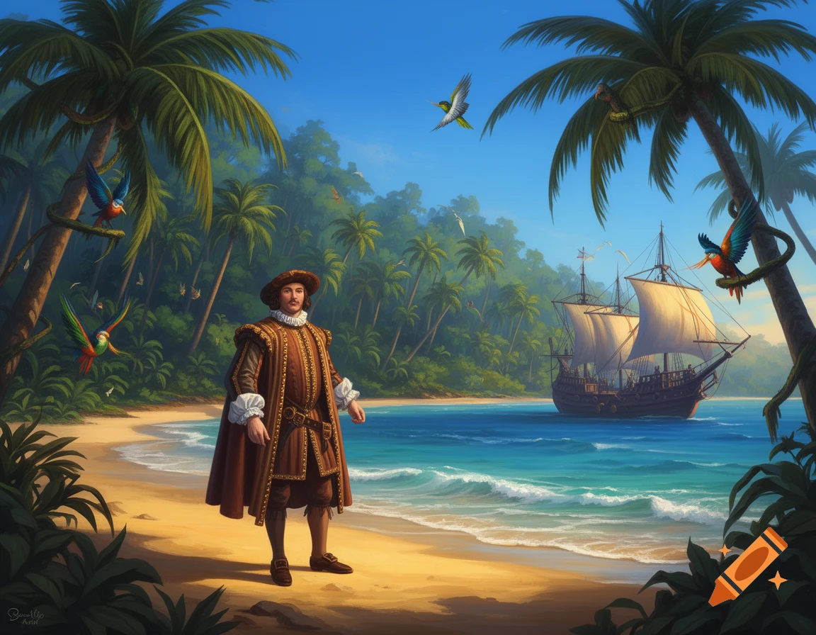 An illustrative painting of a man in 16th-century attire standing on a tropical beach with palm trees, colorful birds, and a large sailing ship in the ocean.