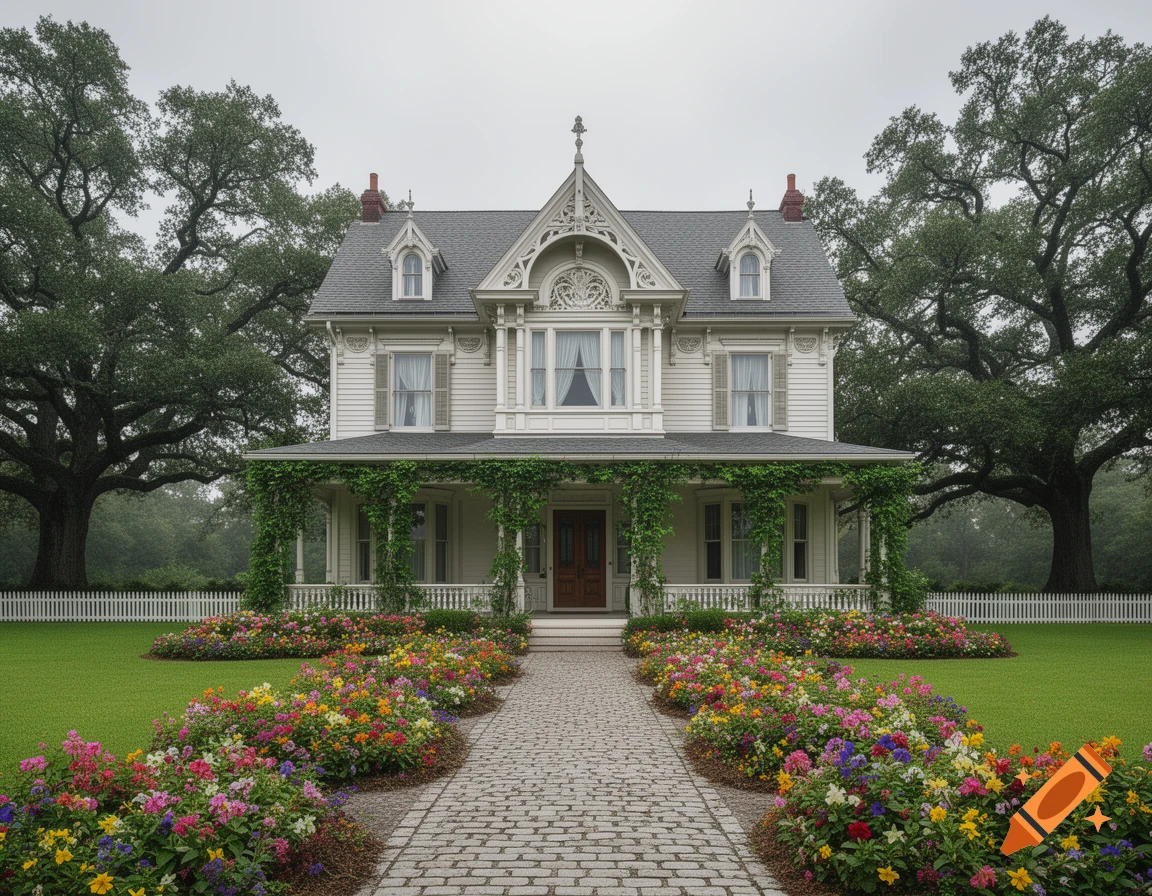 A grand white Victorian house with intricate trim, a wide porch covered in vines, and a cobblestone path leading through colorful flower beds and a green lawn under a grey sky.