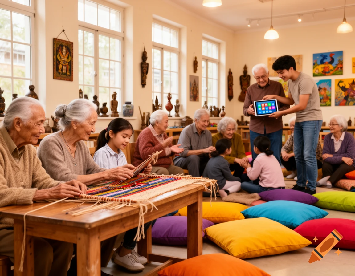 Seniors and children engaging in a workshop, with some weaving at a table and others looking at a tablet in a bright room.