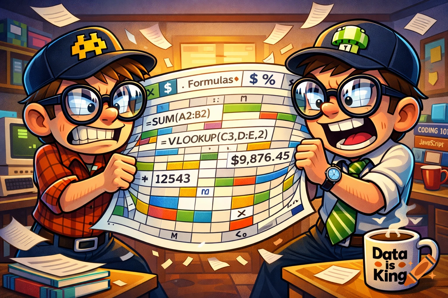 Two cartoon nerds in hats with gaming icons aggressively pull on a spreadsheet filled with formulas like SUM and VLOOKUP, in a messy office with books and a 'Data is King' mug.