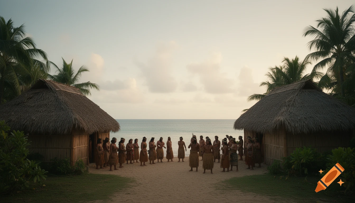 A group of people in traditional attire gathered on a sandy beach between two thatched huts with palm trees and the ocean at dusk.