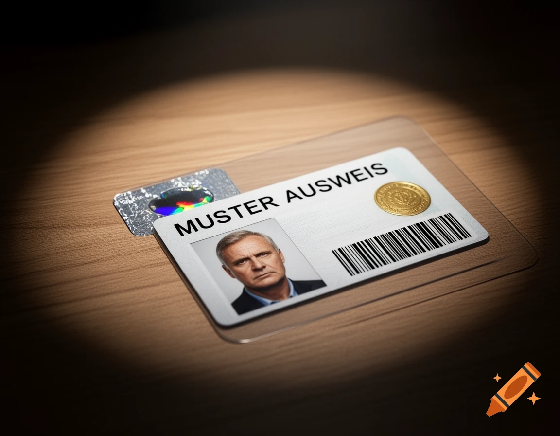 A close-up, dimly lit photograph of a German 'Muster Ausweis' (sample ID card) on a wooden table, featuring a stern-faced man's photo, a golden seal, and a barcode, under a spotlight.