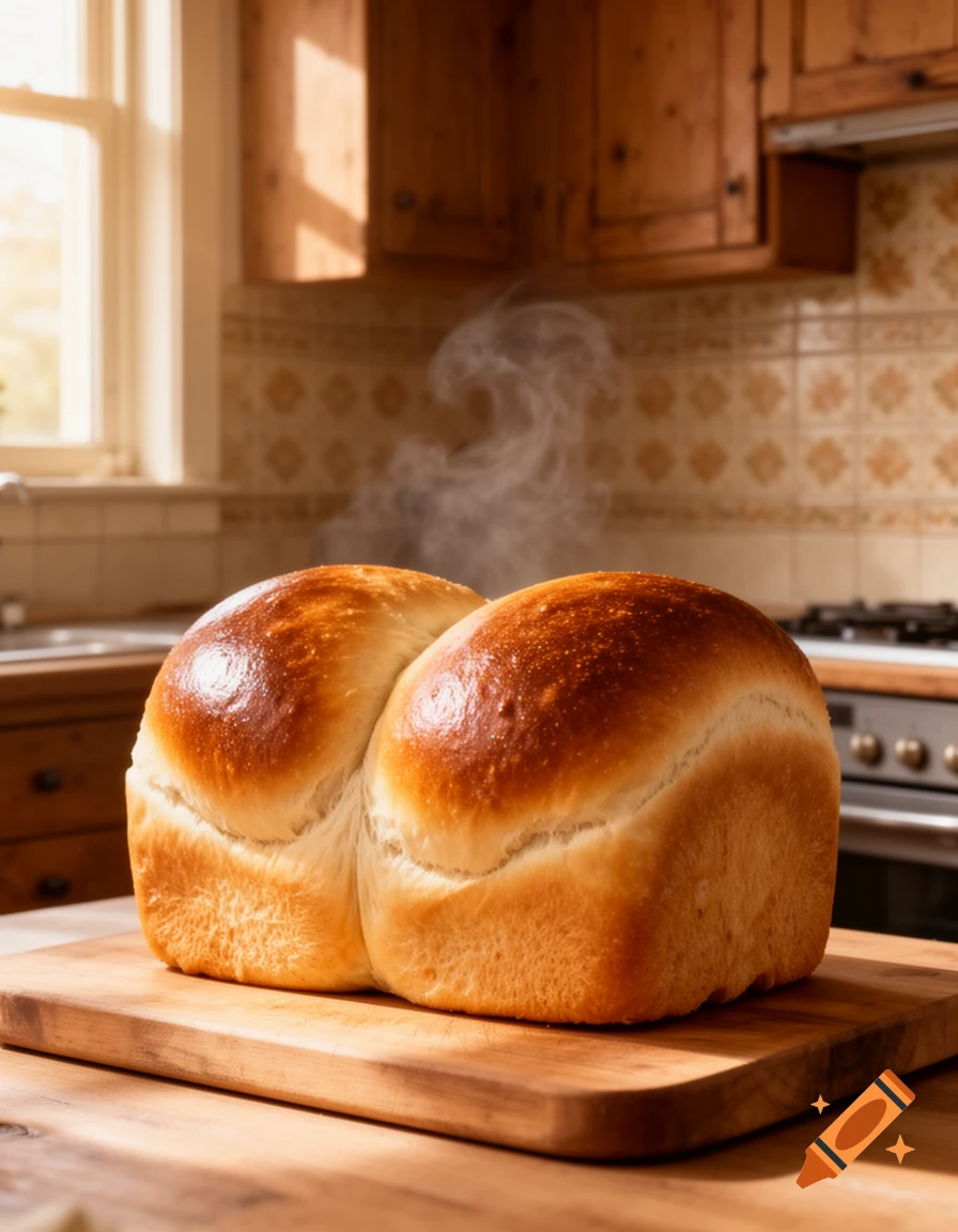 Two freshly baked golden loaves of bread with steam rising, on a wooden cutting board in a sunlit kitchen.