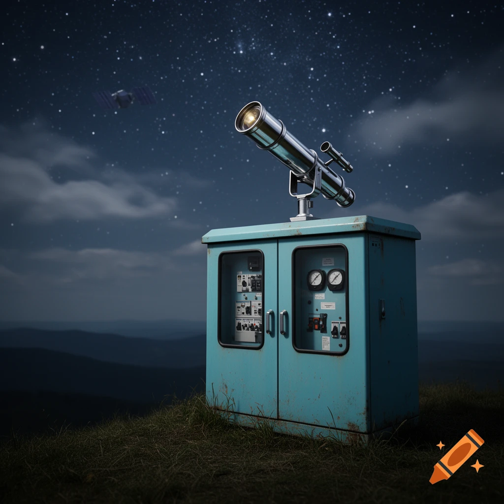 A photorealistic image of a metal telescope mounted on a blue electrical cabinet on a grassy hill under a starry night sky with clouds and a distant satellite.