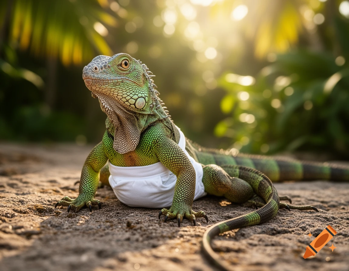 A photorealistic green iguana wearing a white diaper sits on a sunny dirt path in a lush green environment.
