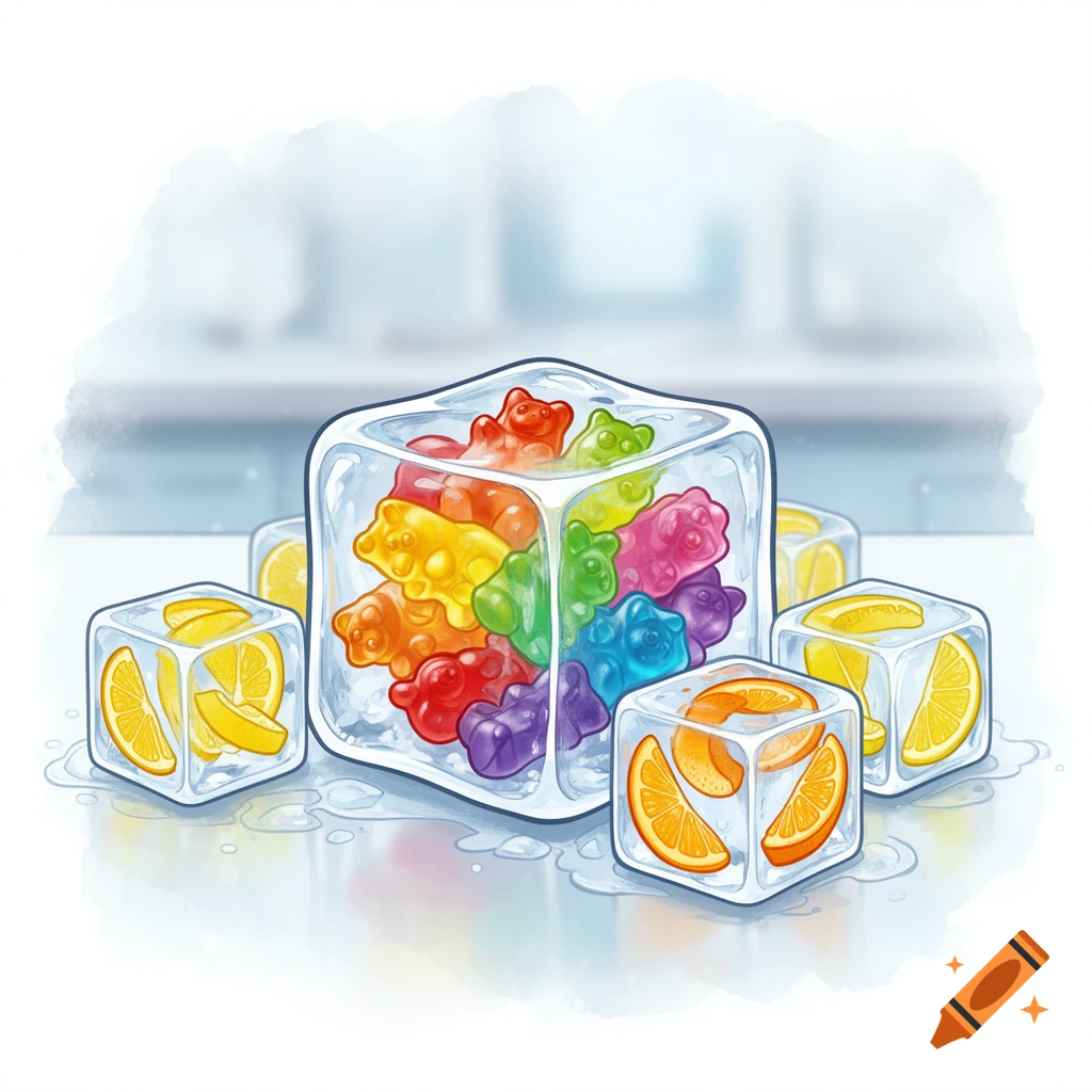 Cartoon illustration of a large ice cube filled with colorful gummy bears, surrounded by smaller ice cubes with lemon and orange slices.