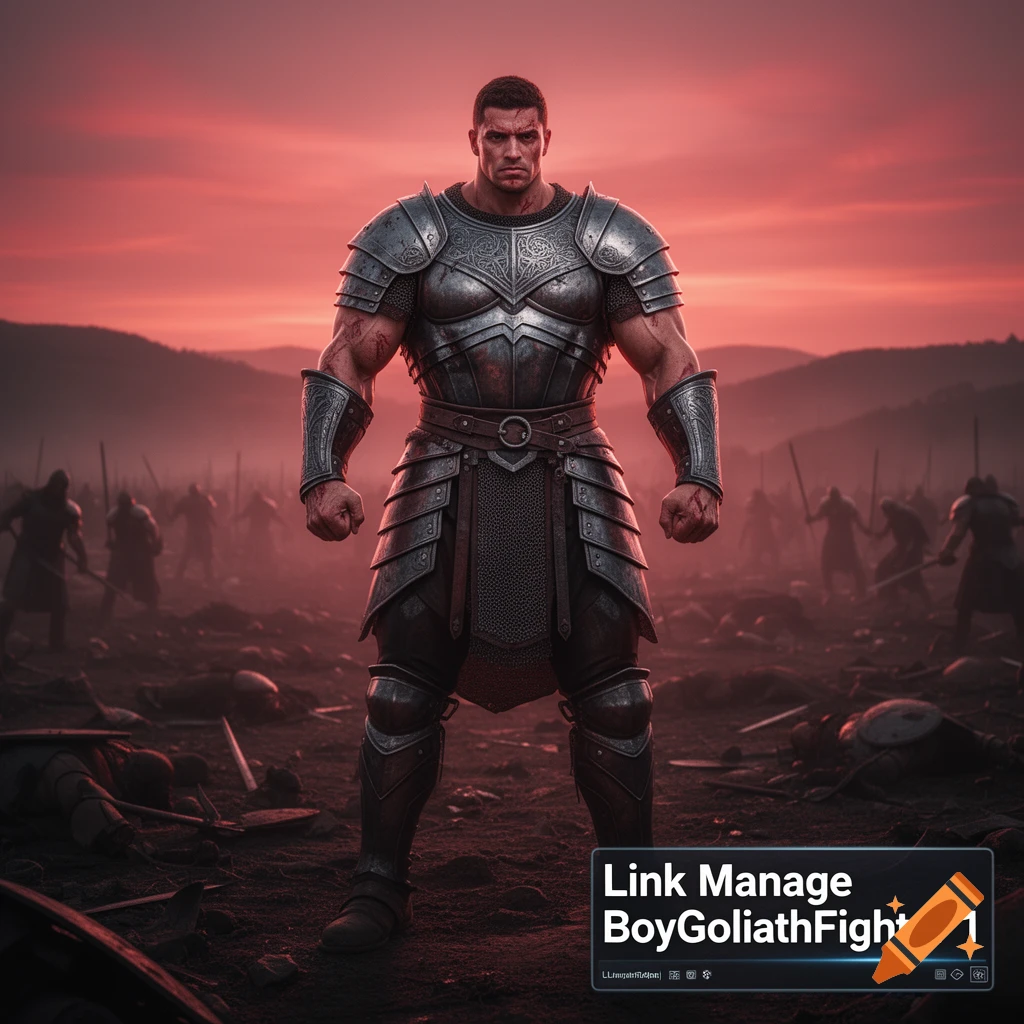 A muscular warrior in ornate silver armor stands defiantly on a dark battlefield littered with fallen soldiers under a dramatic red sky.