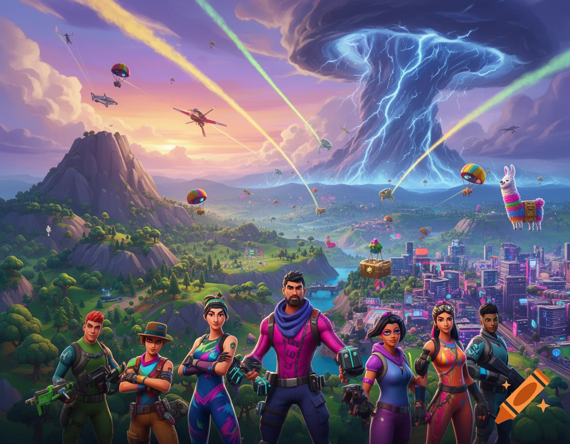Fortnite characters stand before a vast landscape with mountains, a futuristic city, flying objects, and a swirling lightning storm.