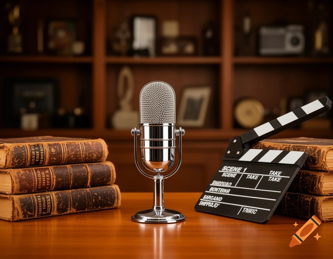 A vintage microphone stands between a stack of old books and a film clapboard on a wooden desk, with a blurred bookshelf in the background.
