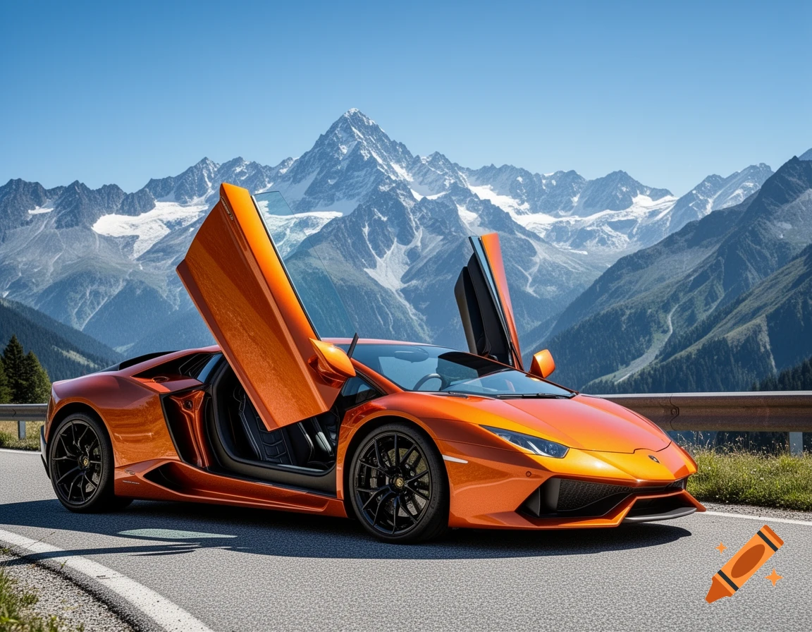 Orange Lamborghini sports car with open scissor doors on a winding mountain road, snow-capped peaks in background, photorealistic.