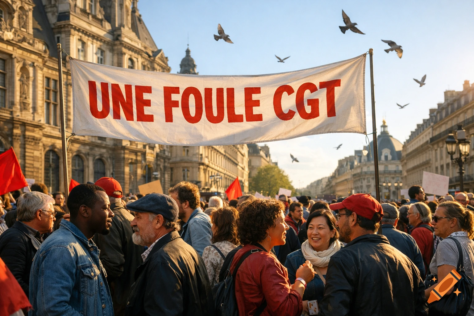 A diverse crowd of people in a city square holds a banner reading "UNE FOULE CGT", with classic architecture and birds in the sky.
