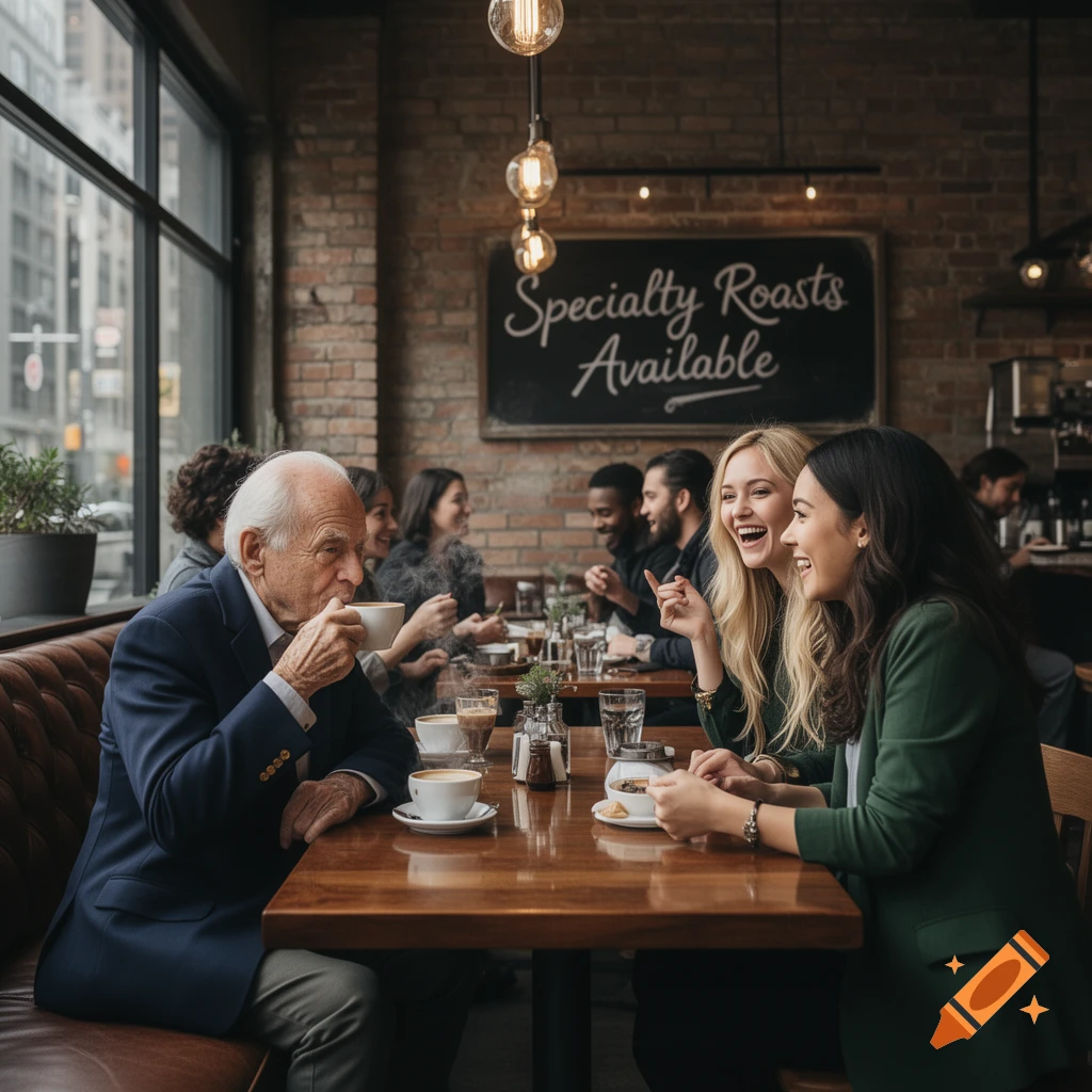 A diverse group of people socialize in a bustling, modern coffee shop, enjoying drinks and conversation.