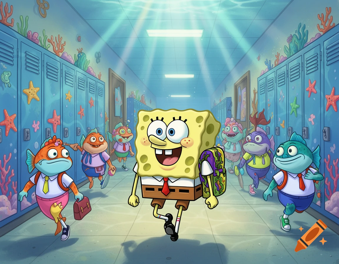SpongeBob SquarePants and fish students run through a vibrant underwater school hallway with lockers decorated with coral, in a cartoon style.
