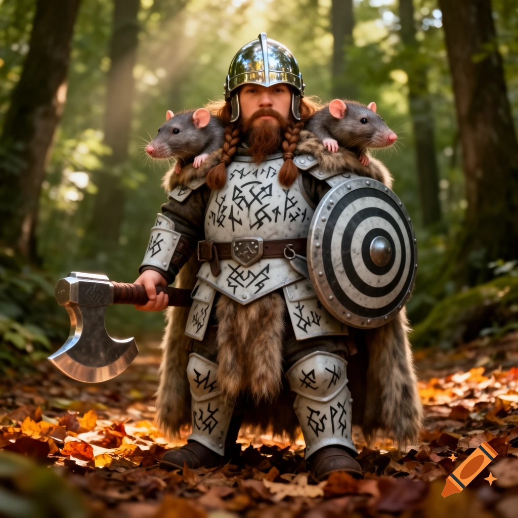 A dwarven warrior in a forest, wearing armor with rune patterns and a fur cloak with two rats, holding an axe and shield.