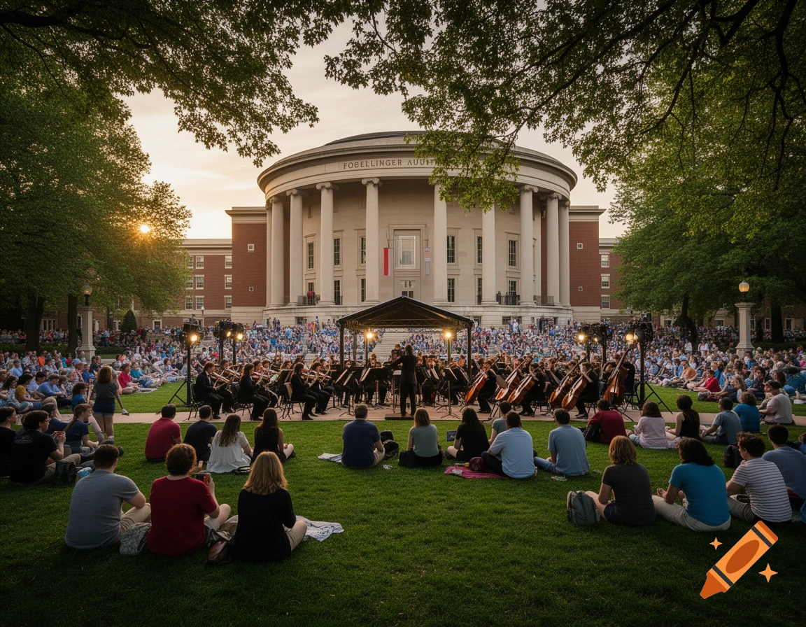 An orchestra performs on a grassy quad with a large crowd and a grand classical building at sunset.