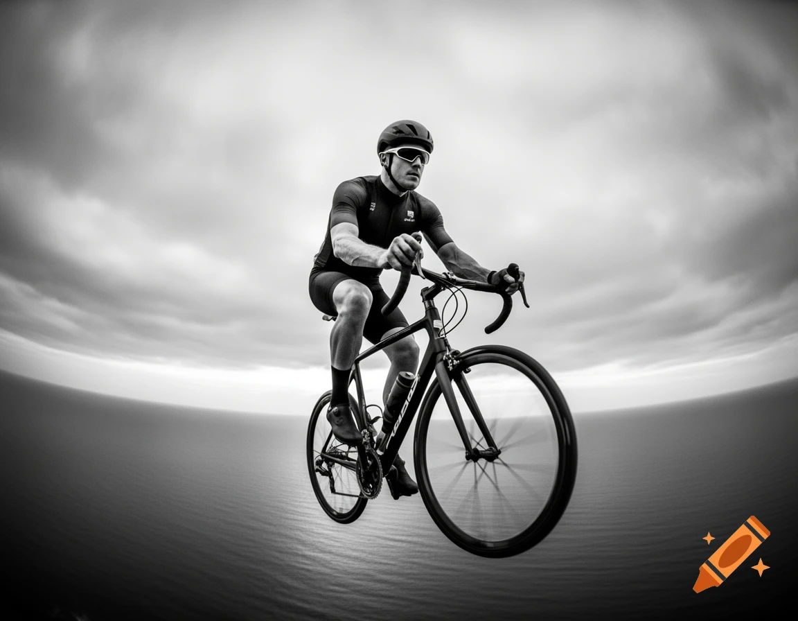 Black and white fisheye photo of a man cycling above the ocean with clouds in the sky.