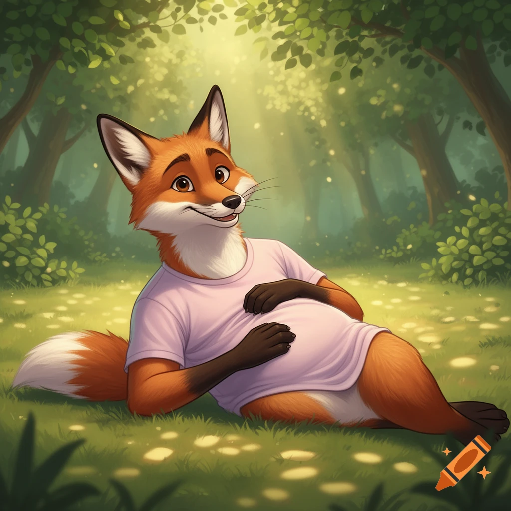 An anthropomorphic orange fox wearing a pink t-shirt lies in a sunlit grassy field, smiling and rubbing its belly.