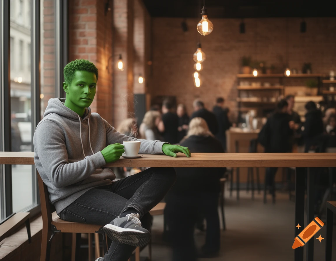 A man with green skin and hair sits at a coffee shop counter, holding a cup of coffee, in a photorealistic style.