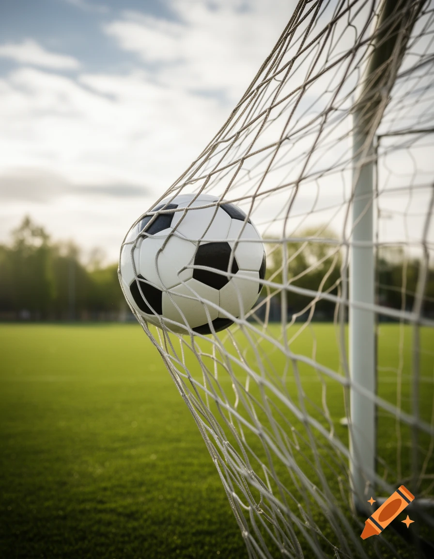 A black and white soccer ball caught in the back of a white soccer goal net on a green field under a cloudy sky.