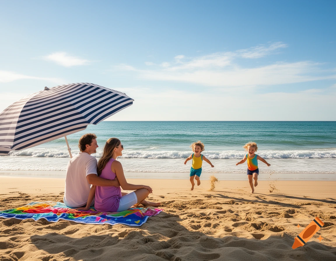 A family under a striped beach umbrella watches two children run and play in the sand by the ocean.