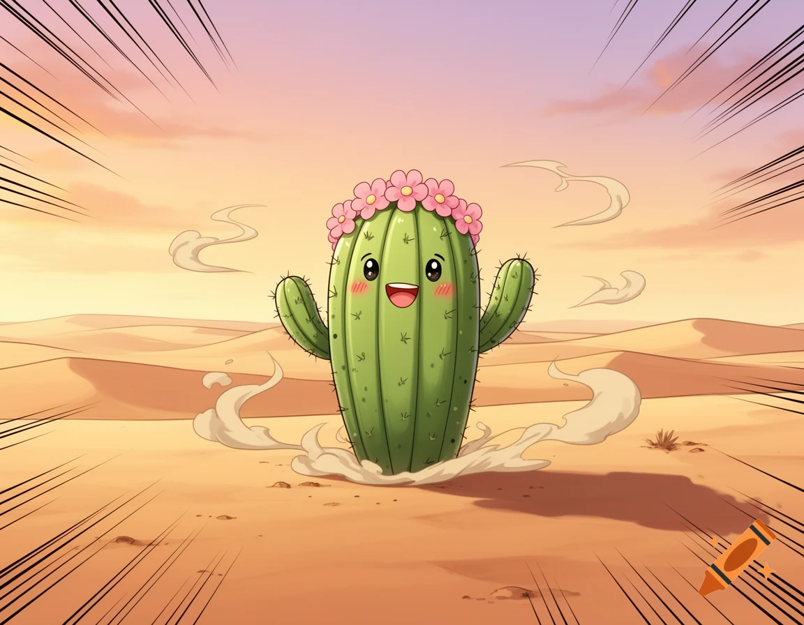 A happy, smiling cartoon cactus with a pink flower crown stands in a vast desert with sand dunes and manga speed lines.