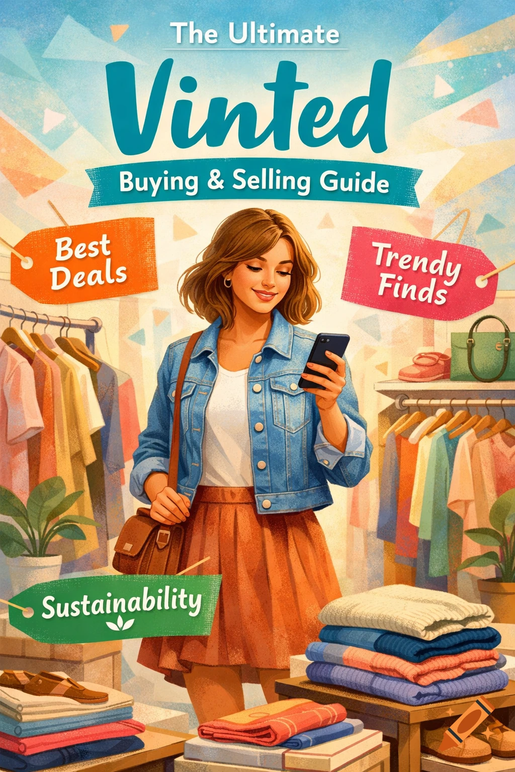 An illustration of a woman in a denim jacket and skirt, looking at her phone, surrounded by clothes racks and stacked clothes. Text reads "The Ultimate Vinted Buying & Selling Guide" along with "Best Deals," "Trendy Finds," and "Sustainability."