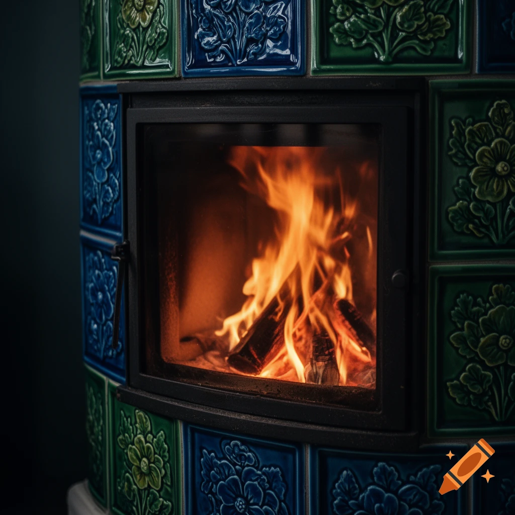 Close-up of glowing orange flames inside a tiled stove with blue and green floral patterns.