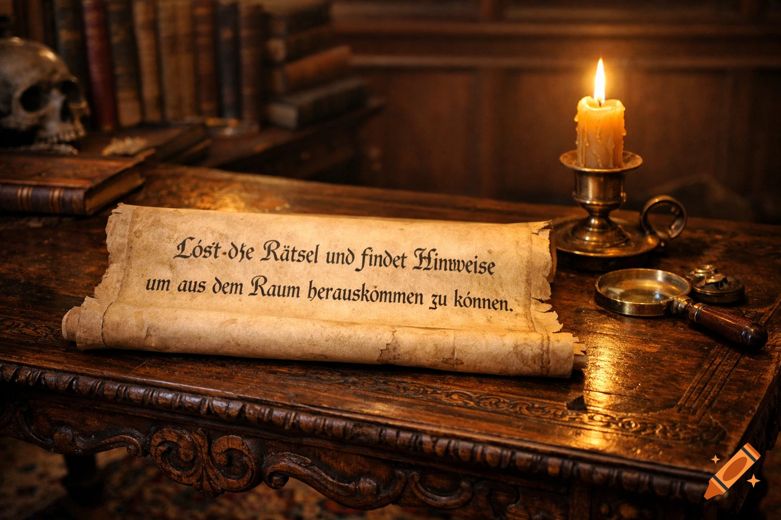 A vintage scroll with German text lies on a wooden desk, illuminated by a burning candle, with a magnifying glass and skull nearby in a dark, atmospheric room.