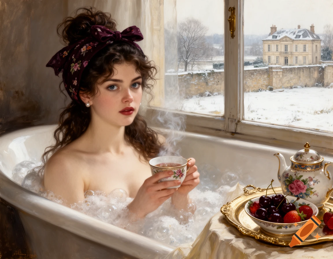 Oil painting of a young woman in a bubble bath, holding a teacup, with a snowy landscape and mansion outside the window.