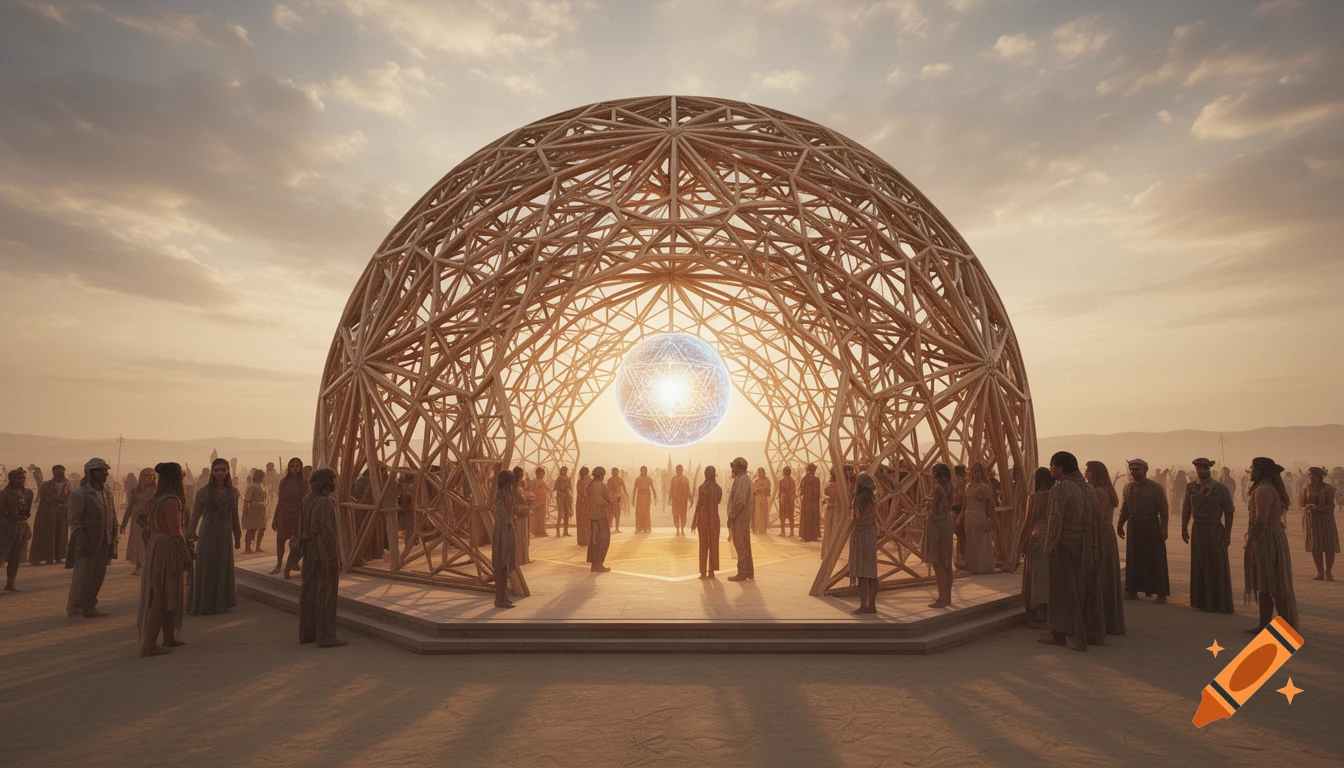A large wooden geodesic dome in a desert at sunset, with a glowing orb inside and many people gathered around it.
