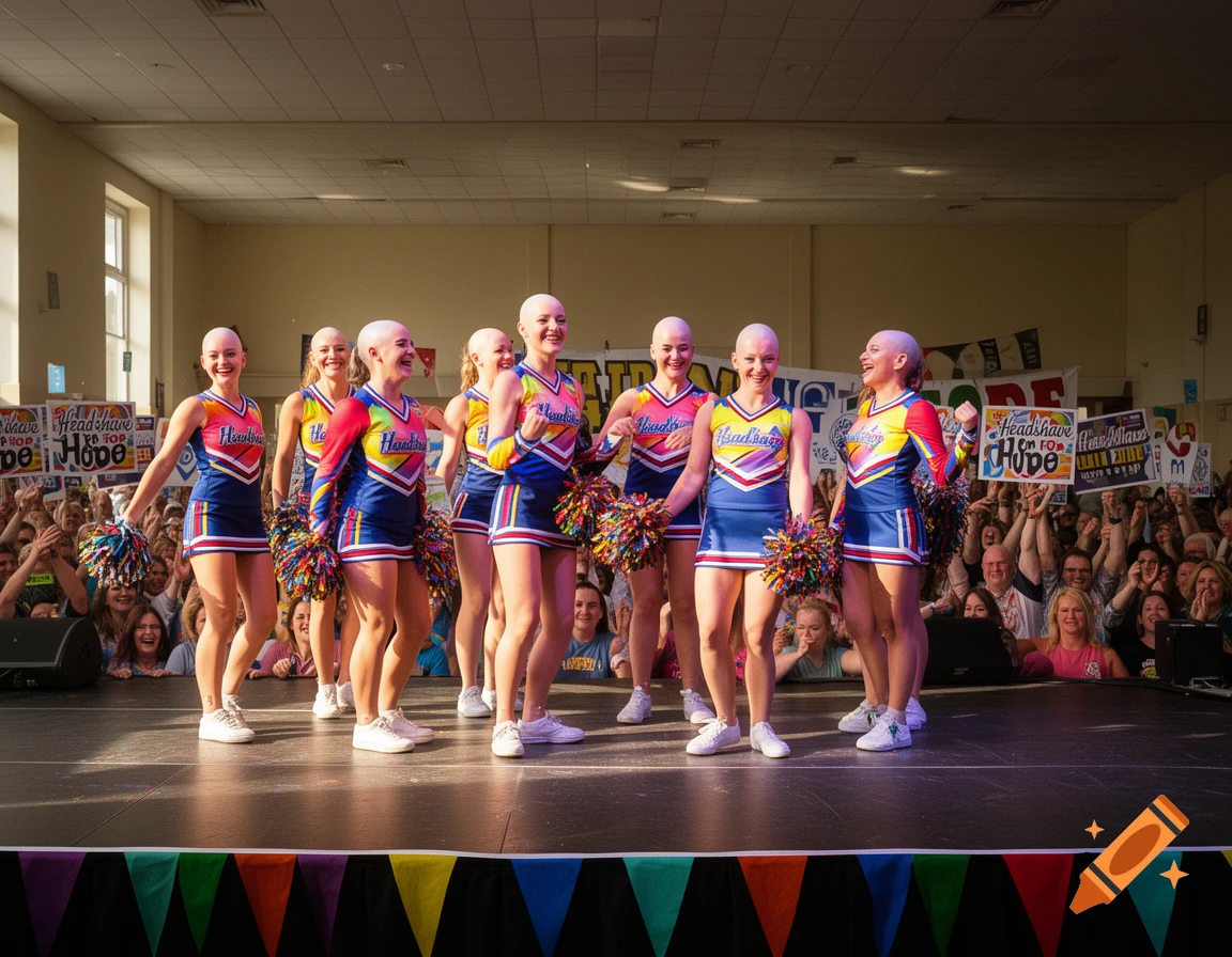 Bald cheerleaders perform on a stage with pom-poms, smiling at a charity event with an audience holding 'Headshave for Hope' signs.